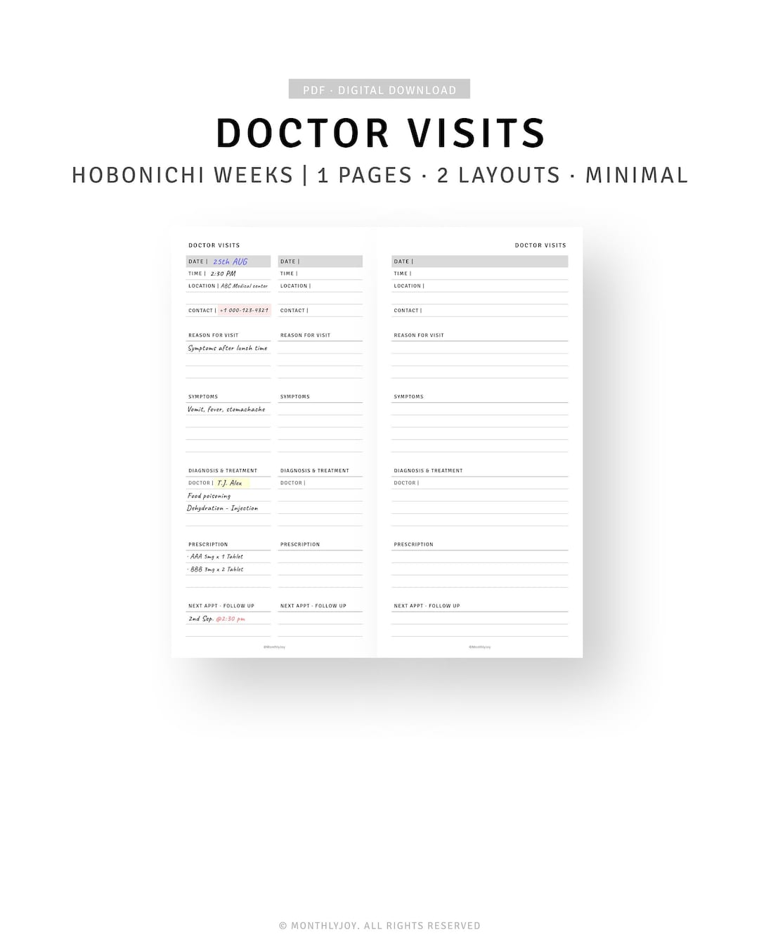 Hobonichi Weeks Printable Doctor Visit Tracker Health Care Planner ...