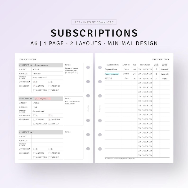 Subscription Tracker Printable Membership Log Template, Monthly Bill ...