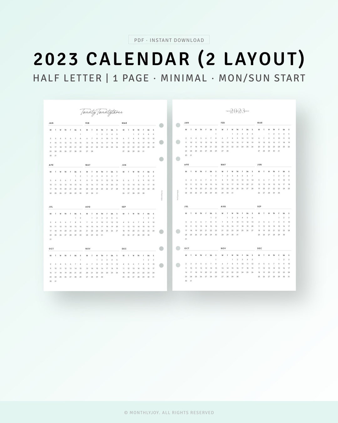 2023 Yearly Calendar Printable Half Size Inserts 2023 Yearly - Etsy ...