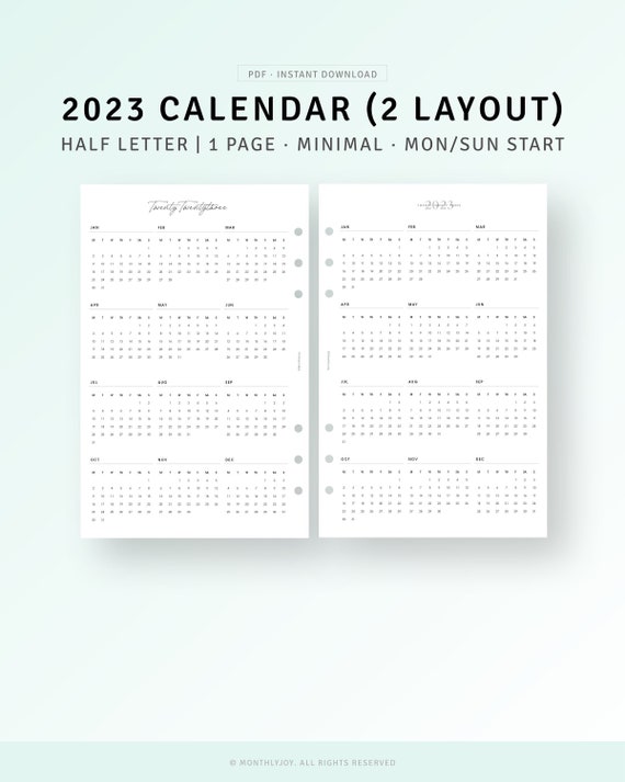 2023 Yearly Calendar Printable Half Size Inserts 2023 Yearly - Etsy