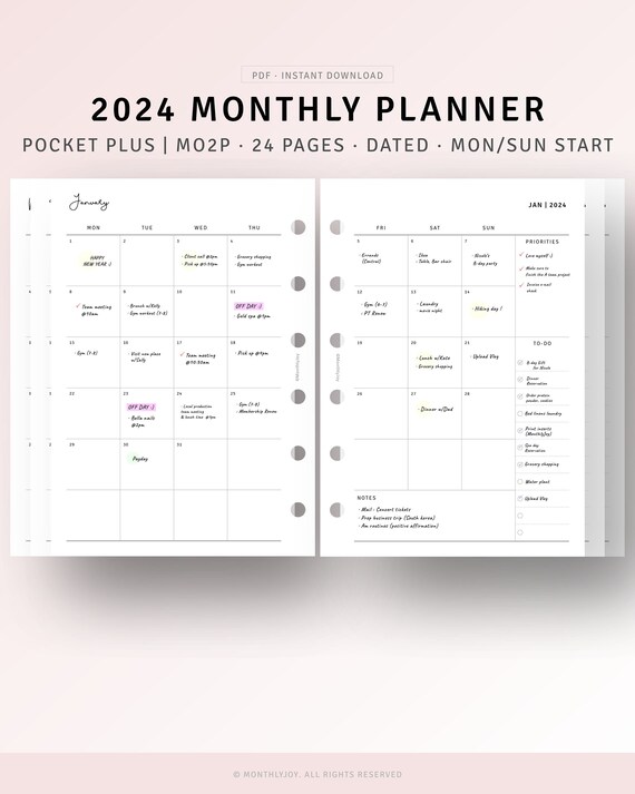 2024 Planner Monthly Pocket Plus Inserts Printable Dated 2024 Monthly Calendar Template, Schedule Organizer, MO2P Inserts, Digital Download - Etsy