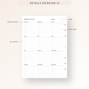 Puede incluir: Una p&aacute;gina de planificador imprimible con un dise&ntilde;o de calendario para realizar un seguimiento de las fechas importantes. La p&aacute;gina est&aacute; dividida en 12 secciones, una para cada mes del a&ntilde;o. Cada secci&oacute;n tiene un espacio para el nombre del mes y una cuadr&iacute;cula para escribir las fechas y los eventos. La p&aacute;gina tambi&eacute;n incluye una secci&oacute;n para objetivos anuales y una secci&oacute;n para notas.