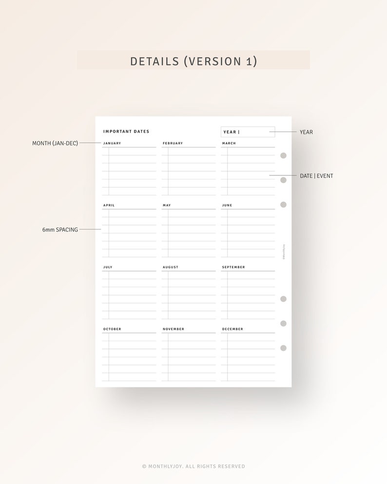 Puede incluir: Una p&aacute;gina de planificador imprimible con un dise&ntilde;o de calendario para realizar un seguimiento de las fechas importantes. La p&aacute;gina est&aacute; dividida en 12 secciones, una para cada mes del a&ntilde;o. Cada secci&oacute;n tiene un espacio para el nombre del mes y una cuadr&iacute;cula para escribir las fechas y los eventos. La p&aacute;gina tambi&eacute;n incluye una secci&oacute;n para objetivos anuales y una secci&oacute;n para notas.
