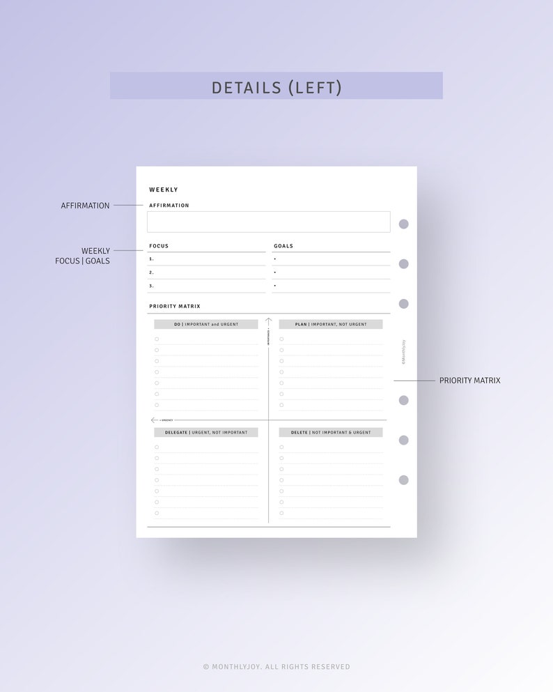 Undated Weekly Planner With Priority Matrix B6 Inserts Printable Weekly ...