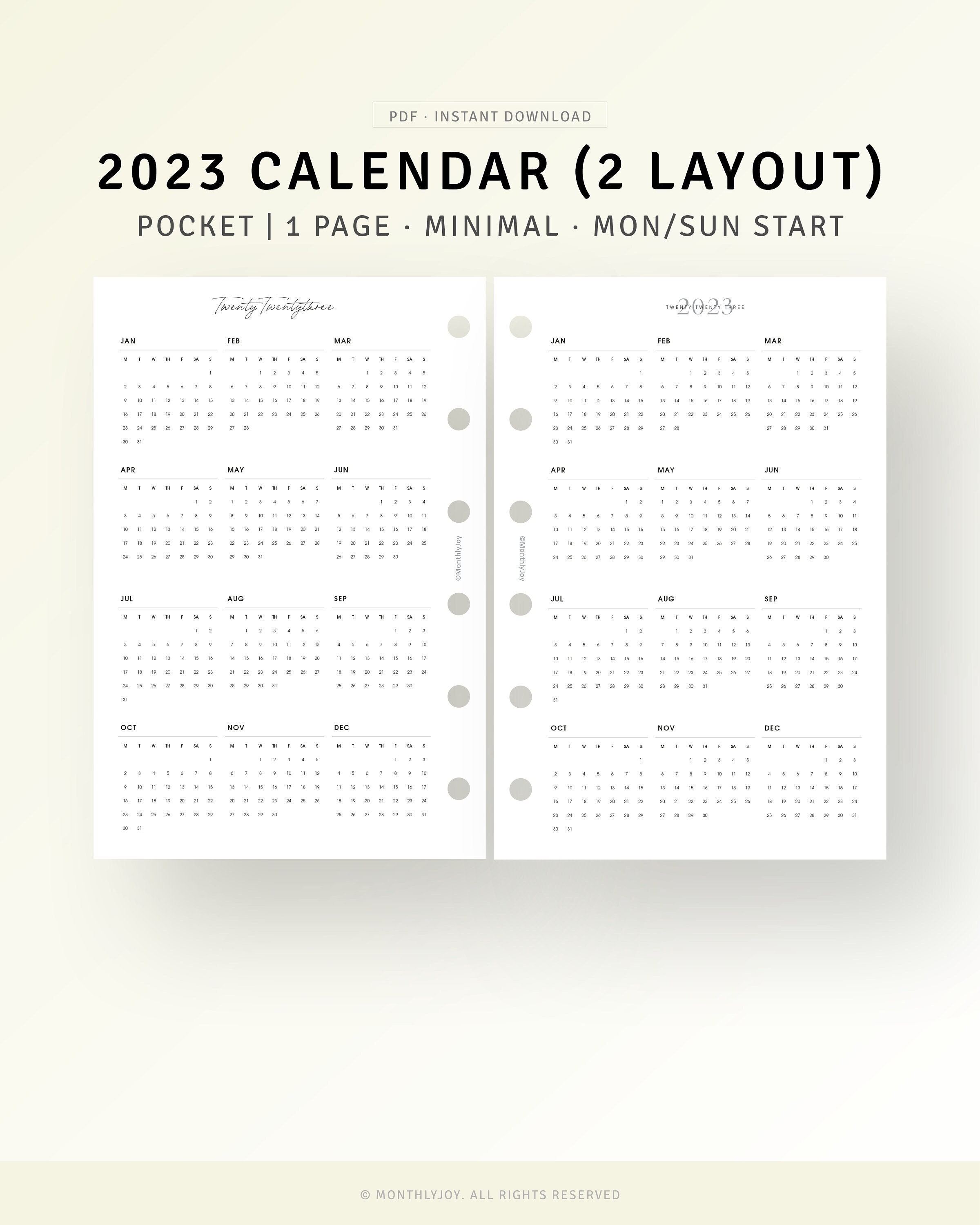 Pocket 2023 Calendar Printable Inserts Year on One Page - Etsy