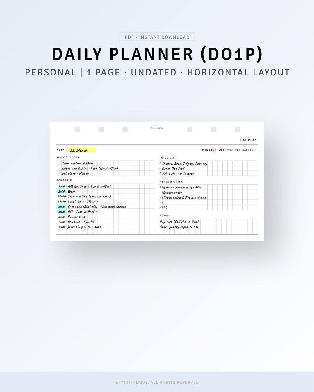 Undated Daily Planner Inserts Personal Ring Printable Day on A Page ...