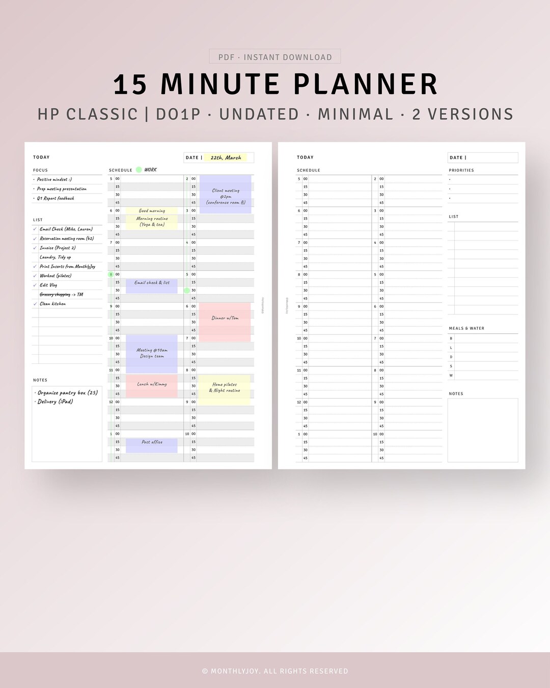 15 Minute Planner Printable HP Classic Size, Daily Hourly Planner, Time ...