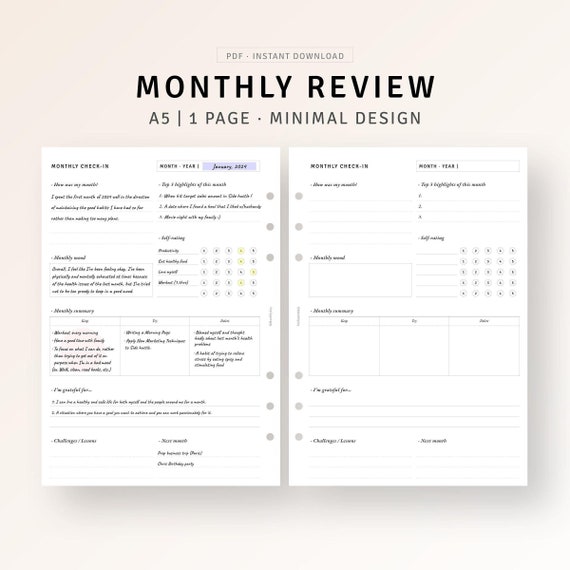 A5 Monthly Review Printable Month Reflection Template PDF, Month Check-In, Monthly Assessment Summary, Gratitude Journal, Digital Download