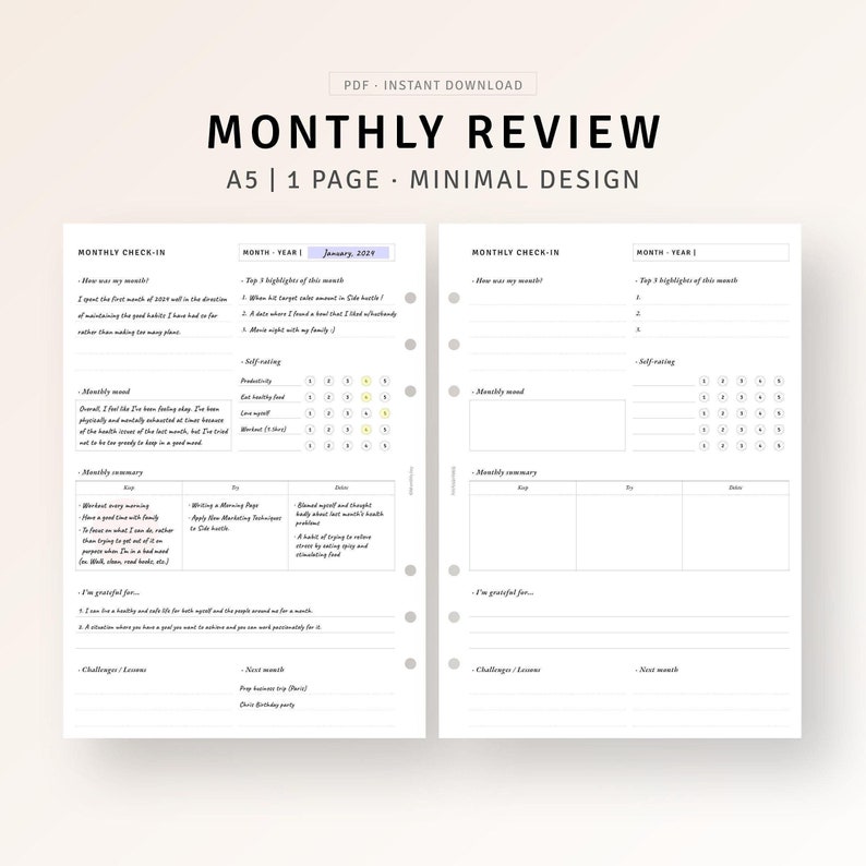 May include: A printable monthly review planner in A5 size with a minimal design. The planner includes sections for monthly check-in, mood tracking, self-rating, monthly summary, and gratitude. The planner is designed for January 2021.