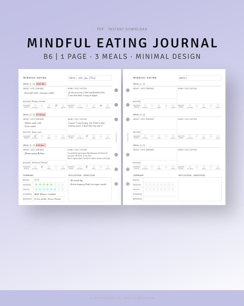 Mindful Eating Journal B6 Planner Inserts Printable Food Log Diary ...