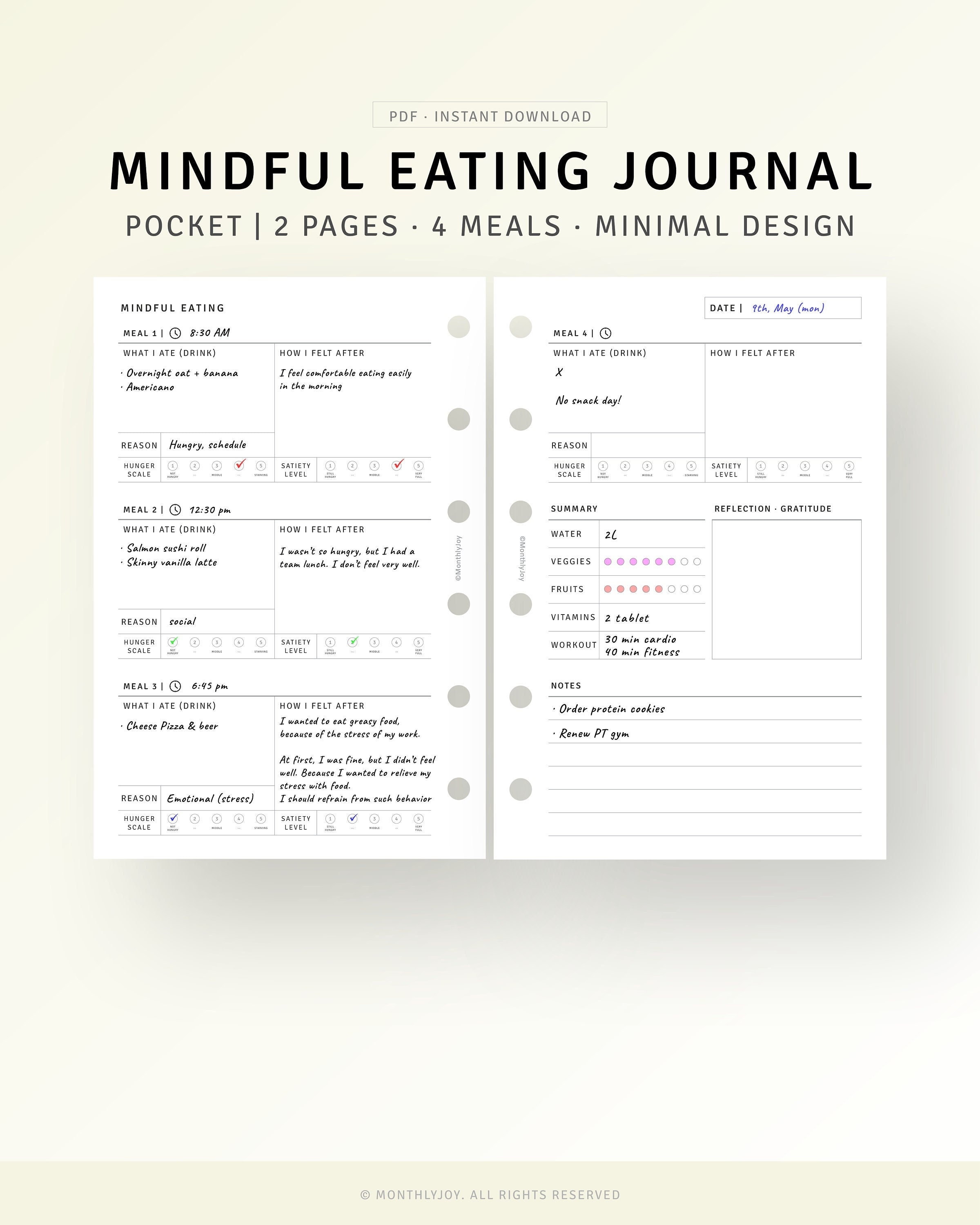 Mindful Eating Food Journal Printable Pocket Size Inserts, Food Sensitivities Log Tracker, Daily Nutrition Journal Template Digital Download