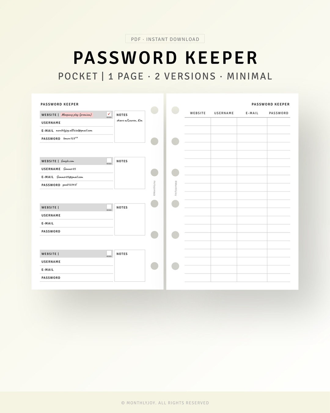 Password Tracker Printable Pocket Size Planner Inserts, Personal ...