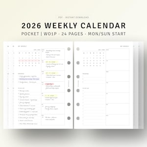 Op de afbeelding: Een 2026 weekkalender met een zakformaat ontwerp. De kalender heeft een lay-out met ruimte voor notities, prioriteiten en een takenlijst. De tekst "2026 WEEKLY CALENDAR" staat prominent bovenaan.