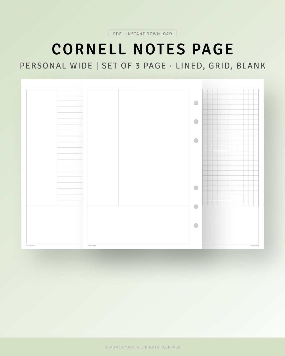 Cornell Notes Pages Printable Personal Wide Inserts, Cornell Notes ...