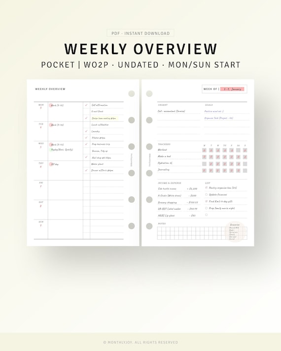 Pocket, Undated Weekly Planner Pages Printable Vertical Weekly Agenda Organizer Template, Productivity Planner, WO2P, Weekly To do list