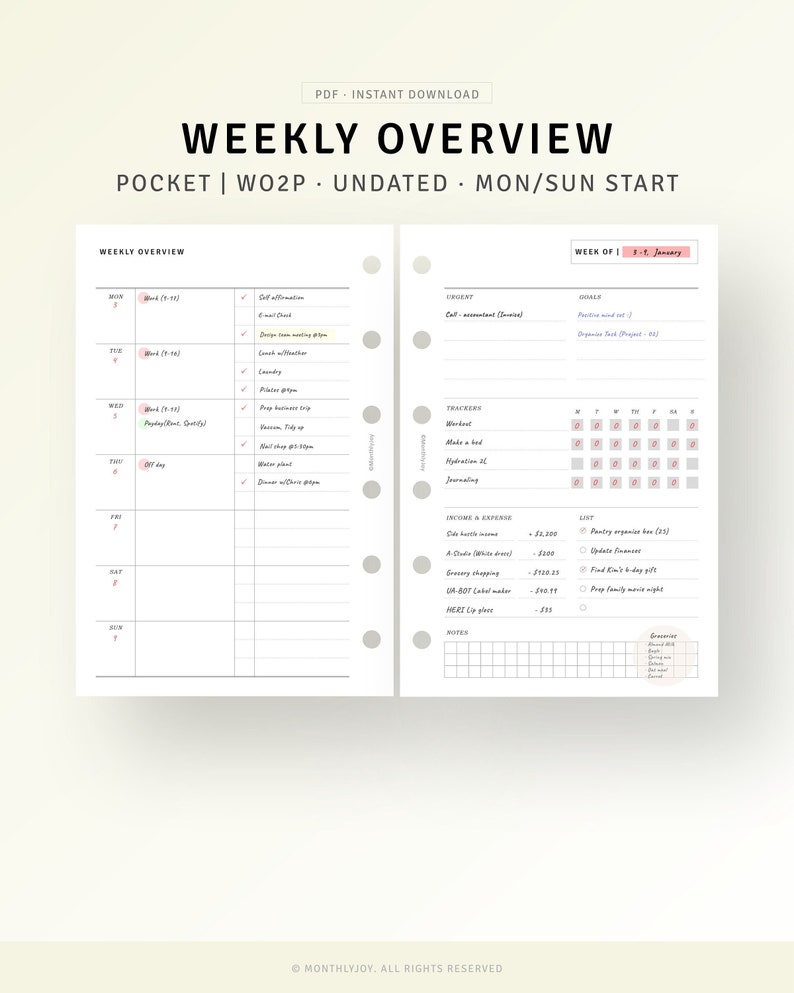 Puede incluir: Una p&aacute;gina de planificador semanal con fondo blanco y texto negro. La p&aacute;gina est&aacute; dividida en secciones para cada d&iacute;a de la semana, con espacio para tareas, citas y notas. La p&aacute;gina tambi&eacute;n incluye una secci&oacute;n para ingresos y gastos, as&iacute; como una secci&oacute;n para objetivos.
