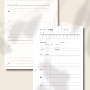May include: Two printable weekly fitness trackers with sections for goals, notes, weight, BMI, rating, date, and focus. Each tracker has a grid for daily entries.