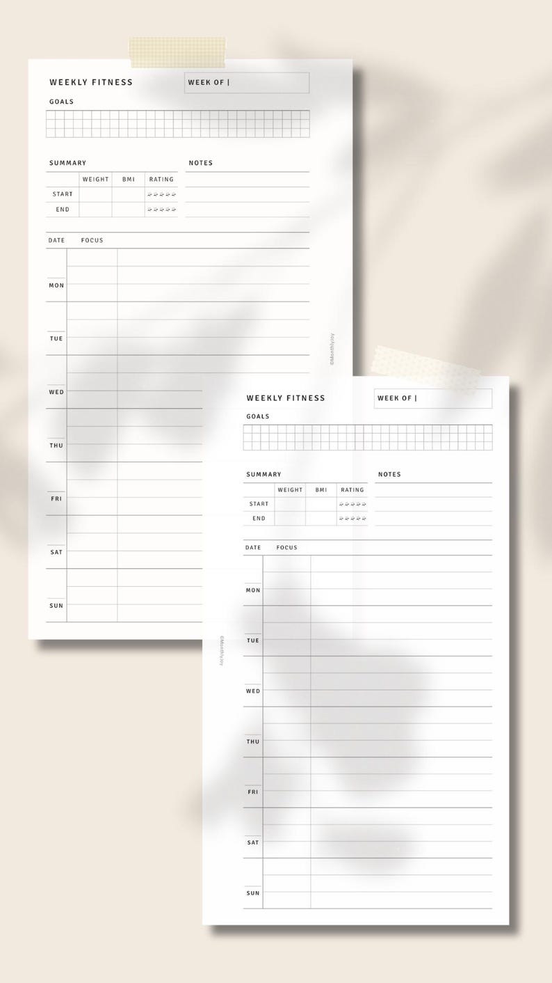 May include: Two printable weekly fitness trackers with sections for goals, notes, weight, BMI, rating, date, and focus. Each tracker has a grid for daily entries.