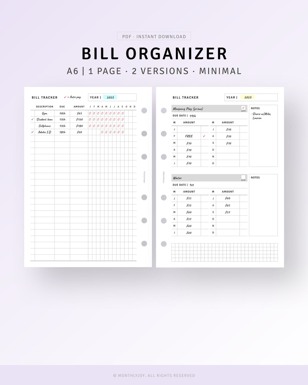 Bill Organizer, A6 Ring Binder Printable Monthly Finance Planner ...