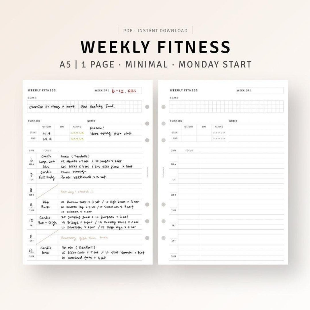 Weekly Fitness Tracker A5 Printable Planner Inserts, Daily Workout ...