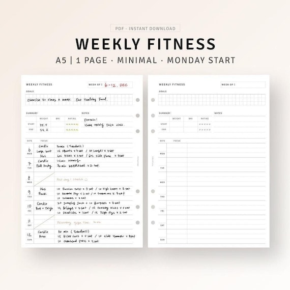 Weekly Fitness Tracker A5 Printable Planner Inserts, Daily Workout Calendar, Weight Loss Tracker, Fitness Exercise Planner, Digital Download