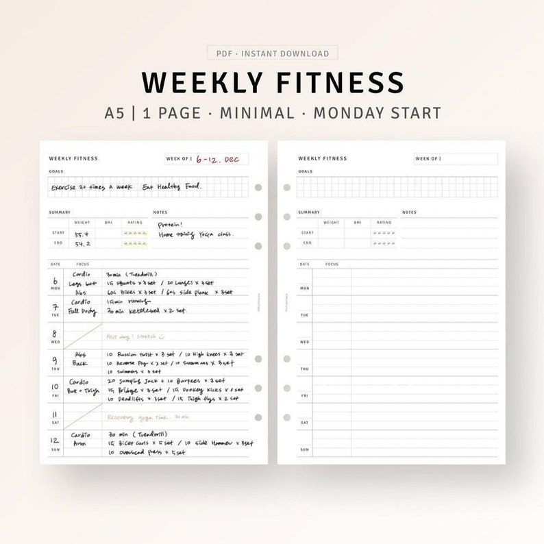 May include: A black and white printable weekly fitness planner with a grid layout. The planner includes sections for goals, summary, date, focus, and notes. The planner is designed for a Monday start and includes the week of December 6th to 12th.