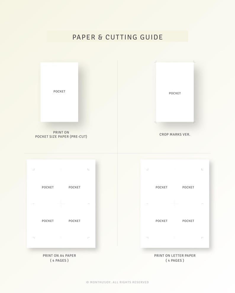 Puede incluir: Una gu&iacute;a de corte de papel con cuatro dise&ntilde;os diferentes para imprimir un folleto de bolsillo. La gu&iacute;a muestra c&oacute;mo imprimir en papel de tama&ntilde;o de bolsillo, papel A4 y papel carta. La gu&iacute;a tambi&eacute;n incluye marcas de corte para un corte preciso.