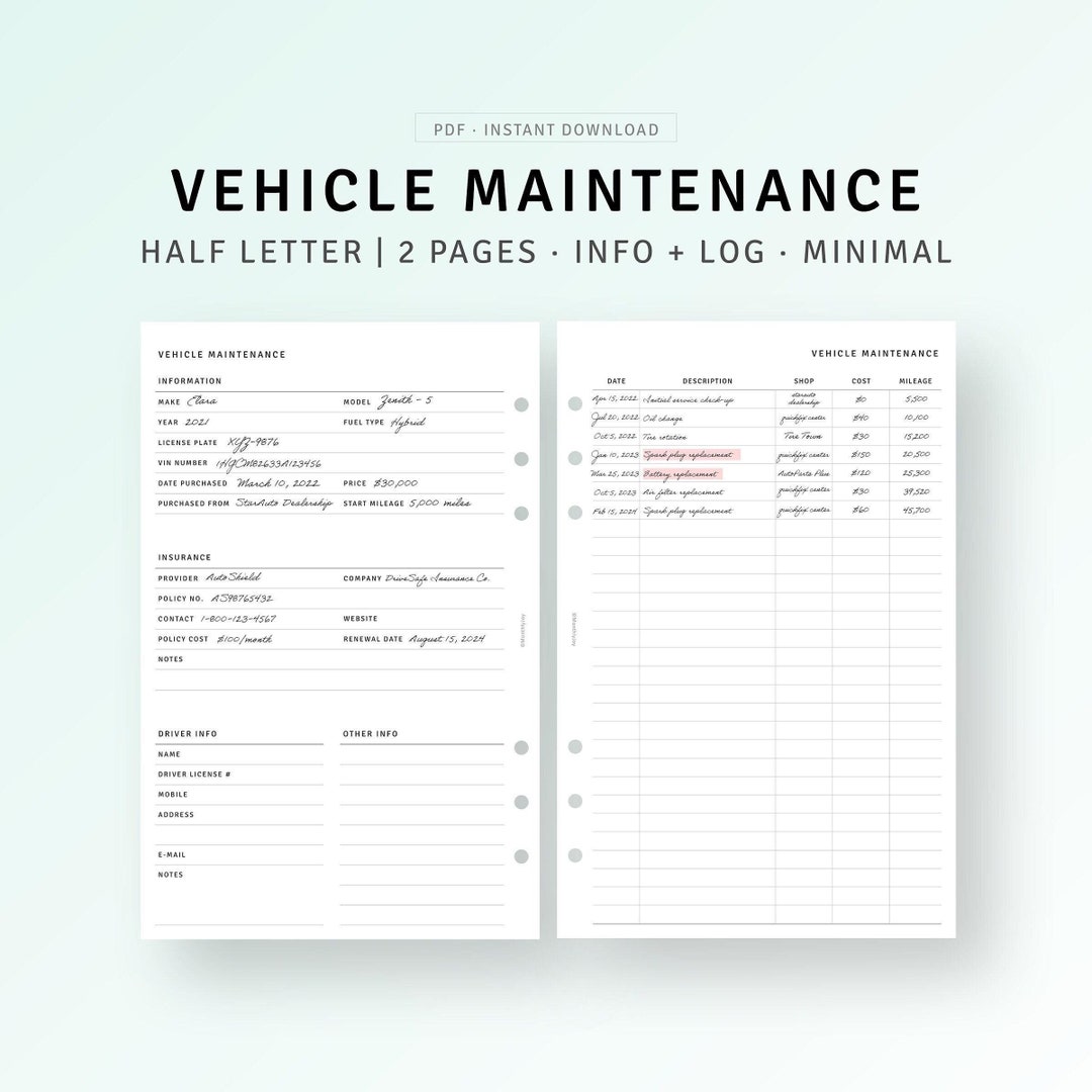 Vehicle Maintenance Log Printable Half Size Inserts, Car Care Service ...