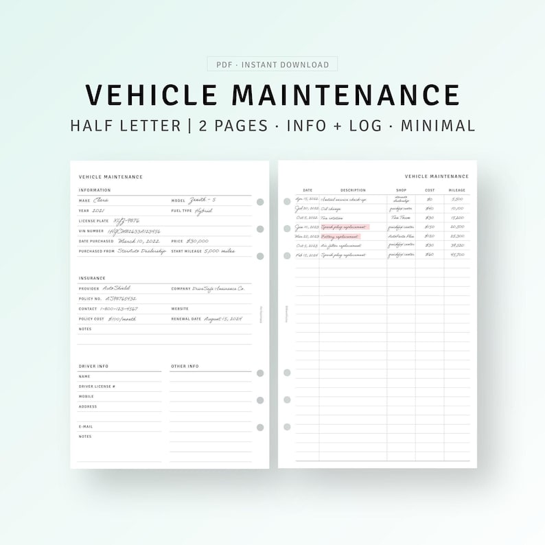 Vehicle Maintenance Log Printable Half Size Inserts, Car Care Service ...