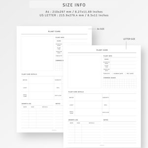May include: Printable plant care log template in two sizes: A4 (8.27 x 11.69 inches) and US Letter (8.5 x 11 inches). The template includes sections for plant information, care details, and a growth log.