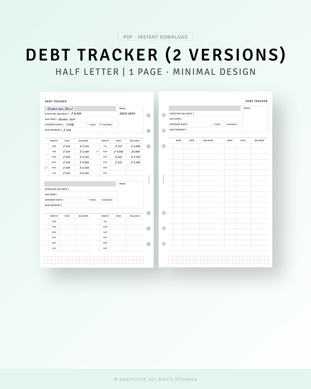 Debt Payoff Tracker Printable Half-letter Inserts, Debt Snowball ...