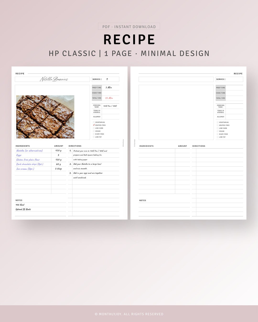 Recipe Journal Printable HP Classic Inserts Food Recipe Etsy
