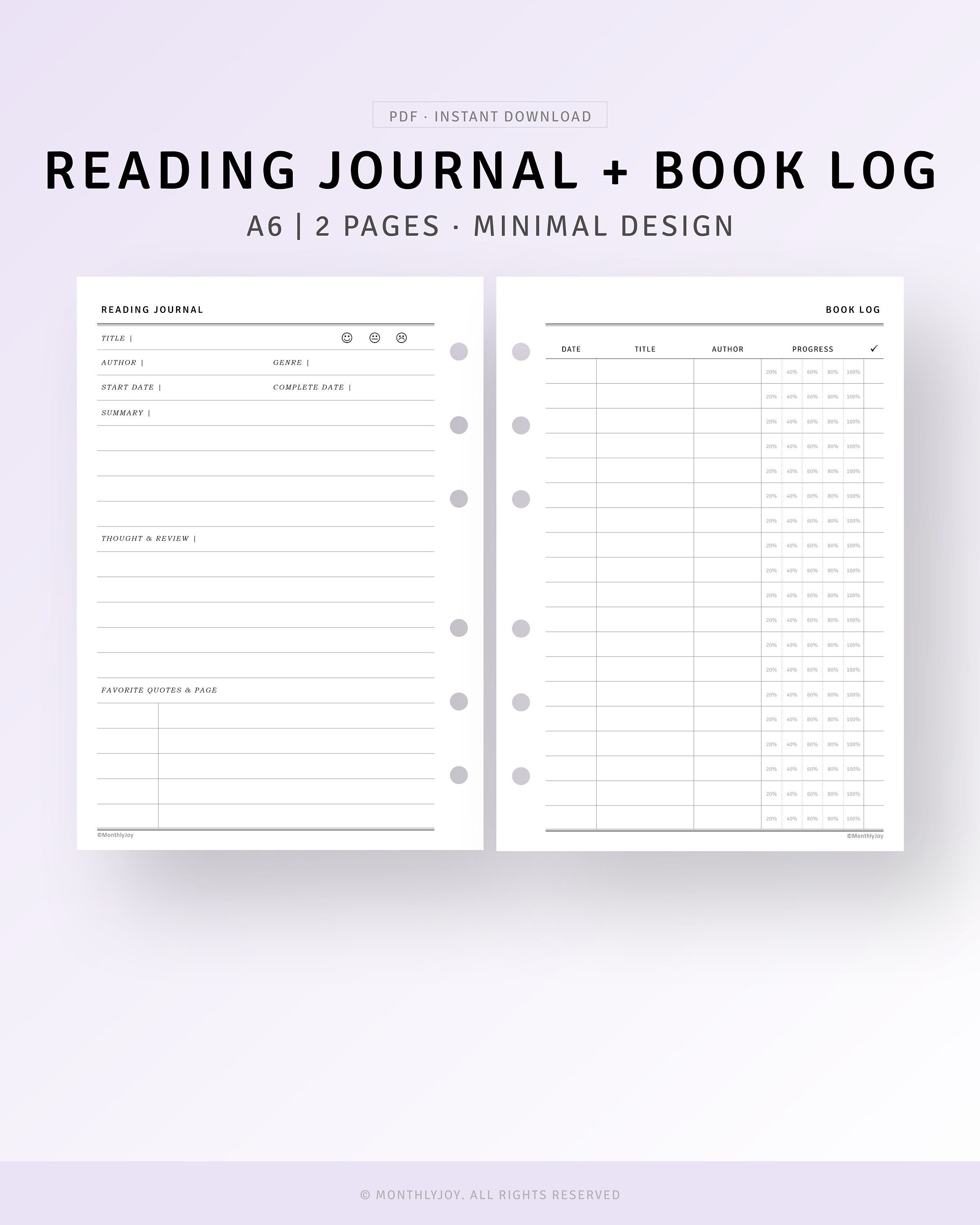 Paper Minimal Book Tracker Review Planner Pages Reading Log Printable 