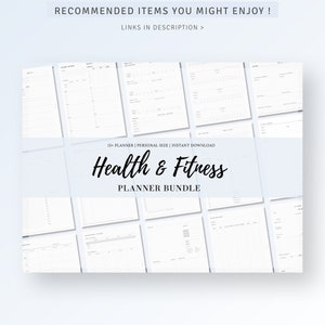 May include: A digital planner bundle for health and fitness. The bundle includes 15+ printable planners in personal size. The text "Health & Fitness Planner Bundle" is displayed in the center of the image.