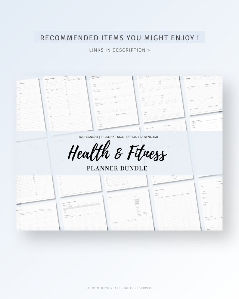 May include: A digital planner bundle for health and fitness. The bundle includes 15+ printable planners in personal size. The text "Health & Fitness Planner Bundle" is displayed in the center of the image.