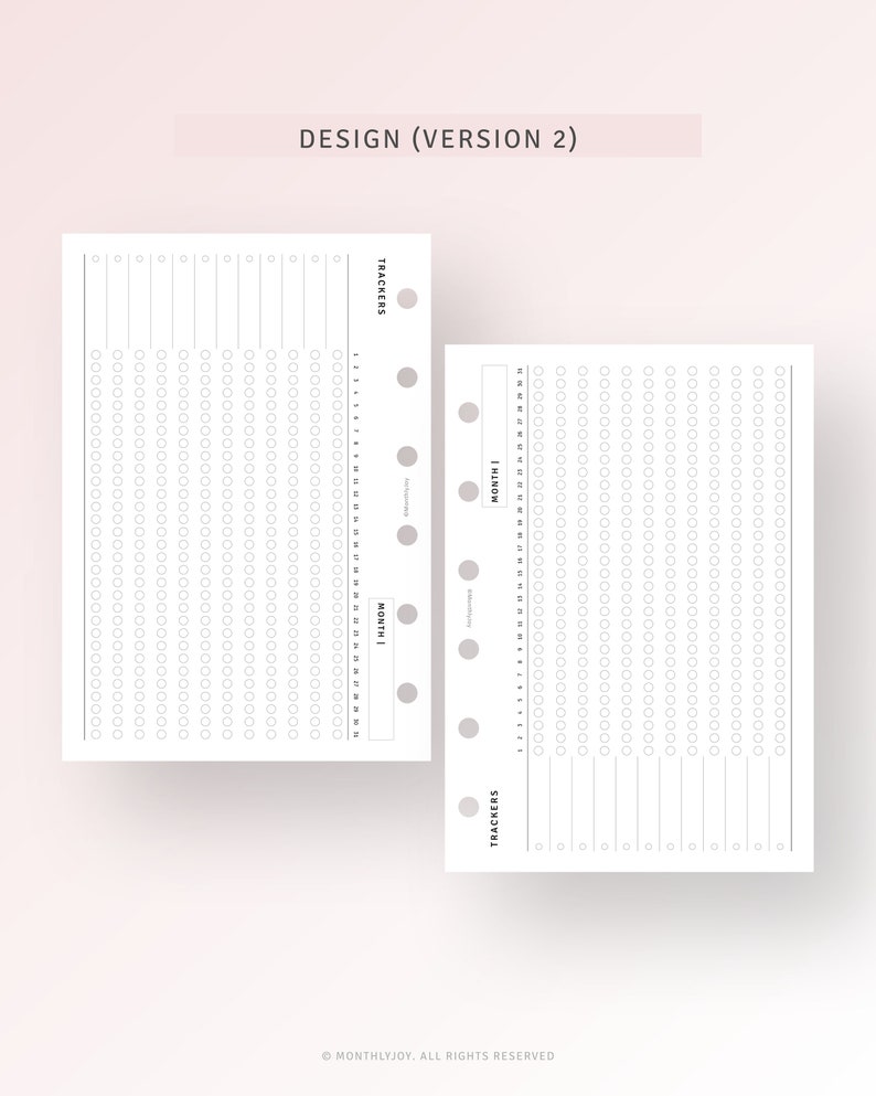 May include: Two printable habit tracker sheets with a simple design. Each sheet has a grid of circles for tracking habits and a section for writing the month. The text "TRACKERS" and "MONTH" is printed on each sheet.