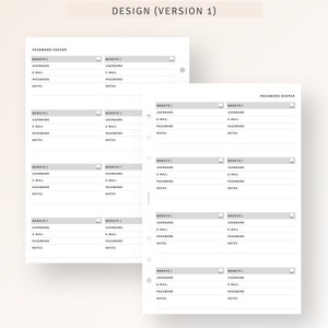 Puede incluir: Una p&aacute;gina de planificador de contrase&ntilde;as imprimible con un dise&ntilde;o gris y blanco. La p&aacute;gina est&aacute; dividida en secciones para el sitio web, el nombre de usuario, el correo electr&oacute;nico, la contrase&ntilde;a y las notas. El texto "DESIGN (VERSION 1)" aparece en la parte superior de la p&aacute;gina.