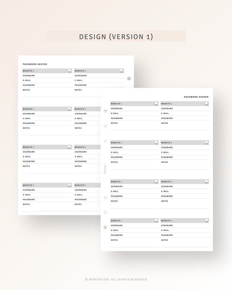 Puede incluir: Una p&aacute;gina de planificador de contrase&ntilde;as imprimible con un dise&ntilde;o gris y blanco. La p&aacute;gina est&aacute; dividida en secciones para el sitio web, el nombre de usuario, el correo electr&oacute;nico, la contrase&ntilde;a y las notas. El texto "DESIGN (VERSION 1)" aparece en la parte superior de la p&aacute;gina.
