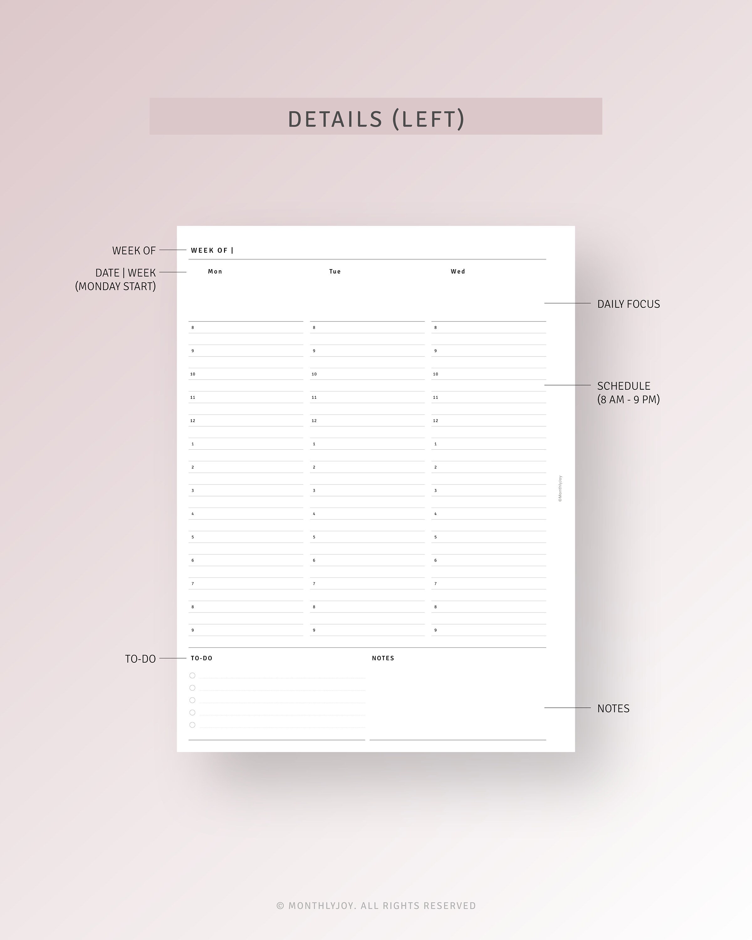 Undated Weekly Planner Printable HP Classic Ring Inserts, Daily Hourly ...