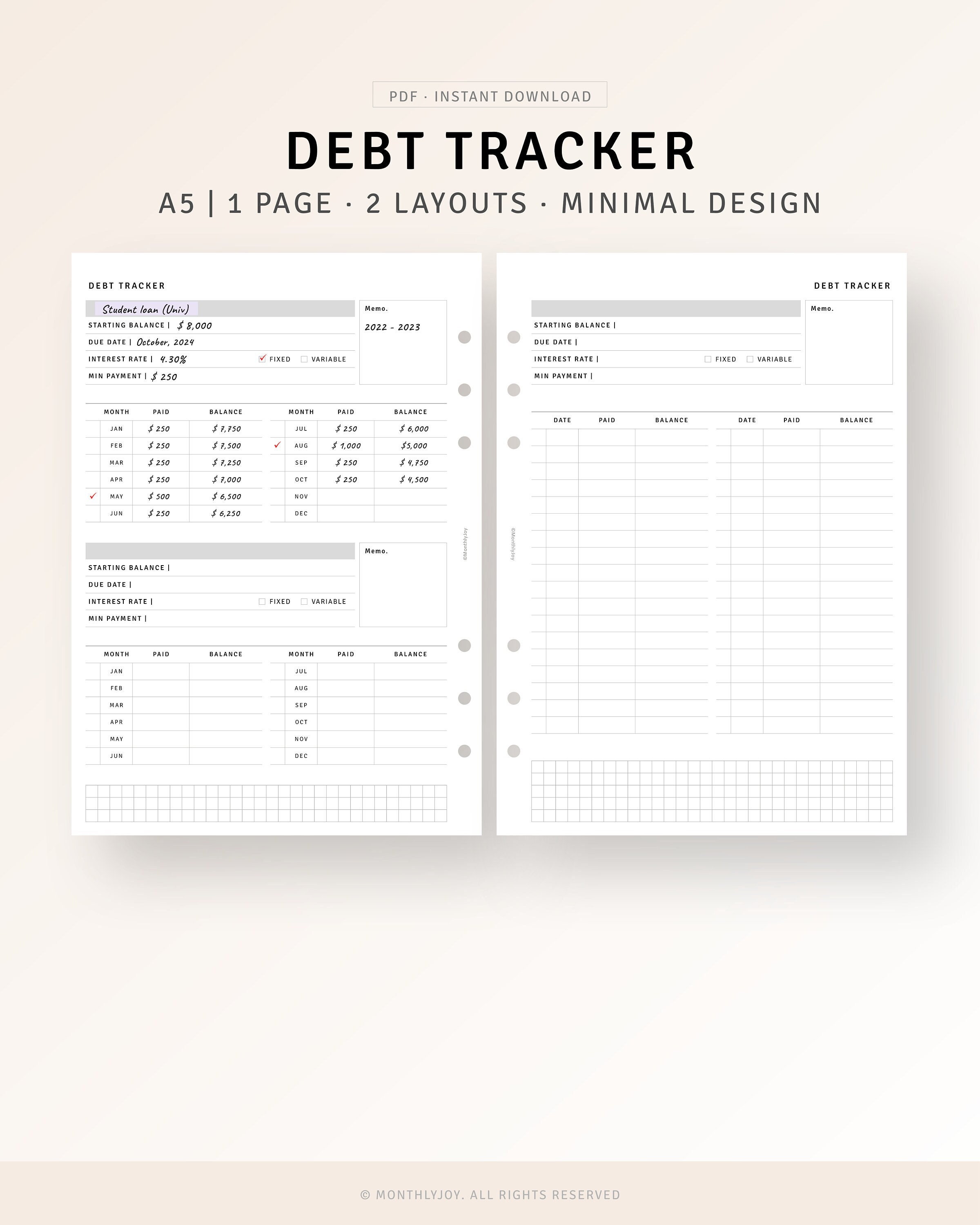 Debt Snowball Payment Tracker A5 Inserts Printable Student - Etsy