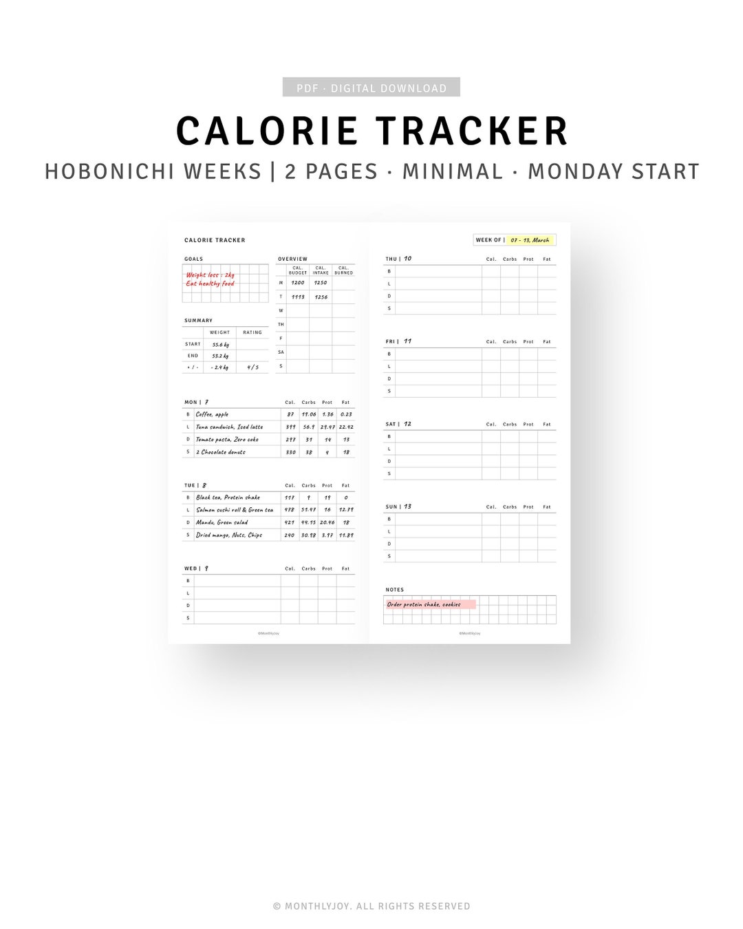 Calorie Tracker Printable Hobonichi Weeks Inserts, Food Diary Journal Template, Calorie Counter