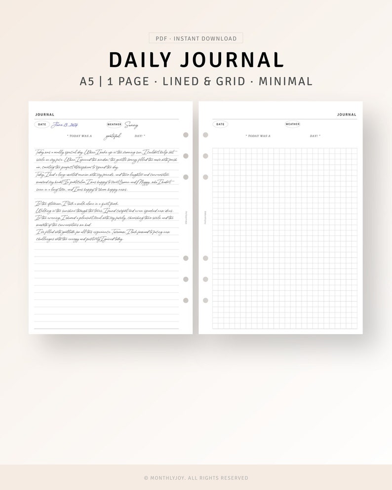 May include: A printable daily journal template in A5 size with lined and grid pages. The template has a minimalist design with a header that says "Daily Journal" and "A5 | 1 Page | Lined & Grid | Minimal". The left page is lined and the right page is gridded.