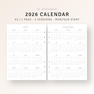 2026 Kalender Druckbare A5 Einsätze, Minimale Jahresübersicht, Datiert Jahresplaner, Einfacher Jahreskalender, sauberes Layout, PDF Sofort-Download