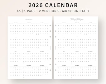 Calendrier 2026, feuillets A5 imprimables, aperçu annuel minimal, agenda avec date, calendrier annuel simple, mise en page nette, téléchargement immédiat au format PDF