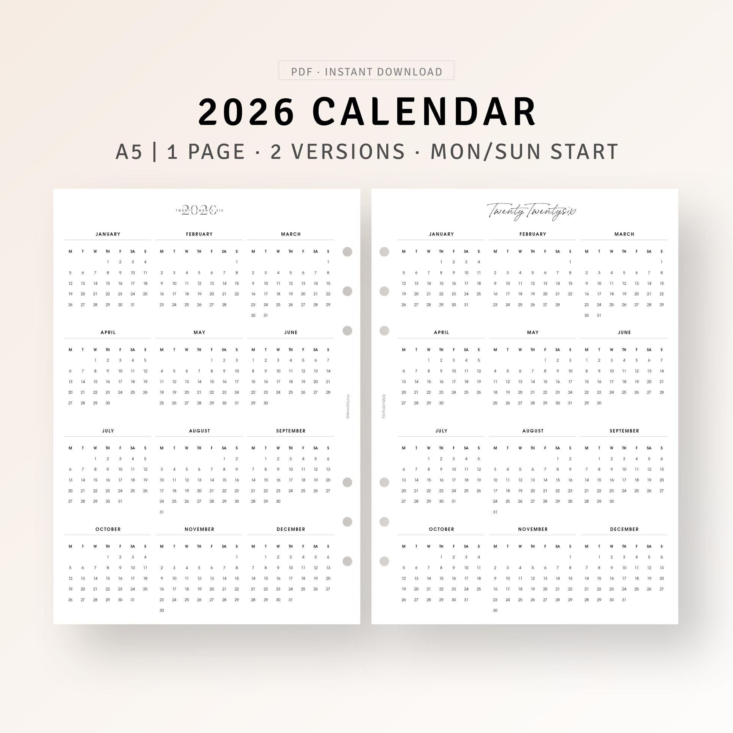 2026 Calendar Printable A5 Inserts, Minimal Yearly Overview, Dated Year