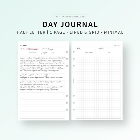 Printable Daily Mindfulness Journal Template Half-Letter Planner Inserts, Wellness Diary, Minimalist Daily Review Log, Digital Download PDF