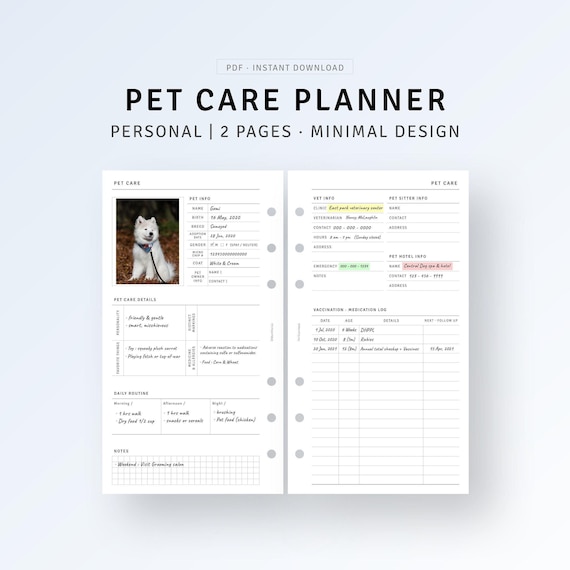 PERSONAL Pet Planner Printable Dog Care Tracker, Cat Lover Planner, Puppy Health Journal Template, Pet Vaccination Recorder Digital Download