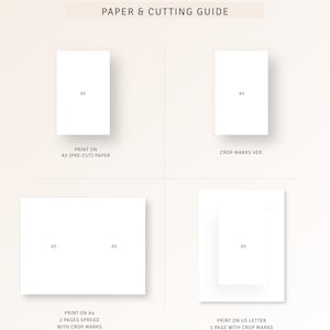 May include: A guide for printing and cutting paper for a printable planner. The guide shows how to print on A5 paper, A4 paper, and US letter paper. The guide also shows how to crop the pages for a clean look.