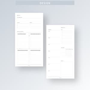 May include: A printable weekly planner with sections for affirmations, focus, goals, a priority matrix, agenda, list, tracker, and notes. The planner is designed in a minimalist style with black text on a white background.