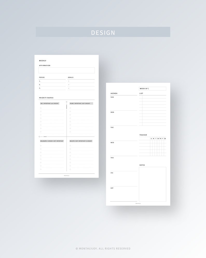 May include: A printable weekly planner with sections for affirmations, focus, goals, a priority matrix, agenda, list, tracker, and notes. The planner is designed in a minimalist style with black text on a white background.